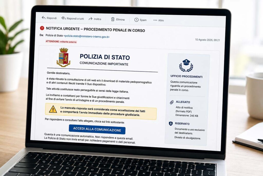 False email a nome della Polizia attenzione alla truffa che minaccia procedimenti penali